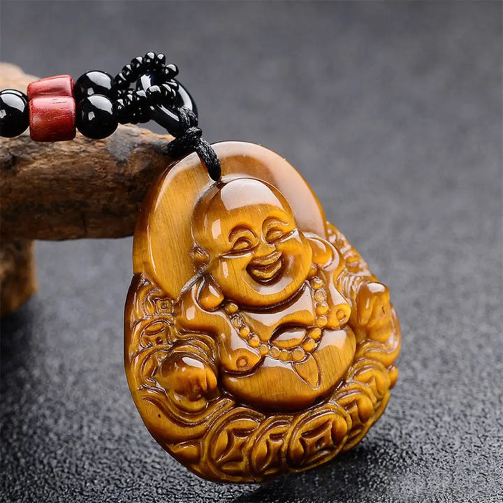 Buddha Stones Tiger’s Eye Laughing Buddha Blessing Necklace - BWOOOH - Tiger Eye - Necklaces &amp; Pendants
