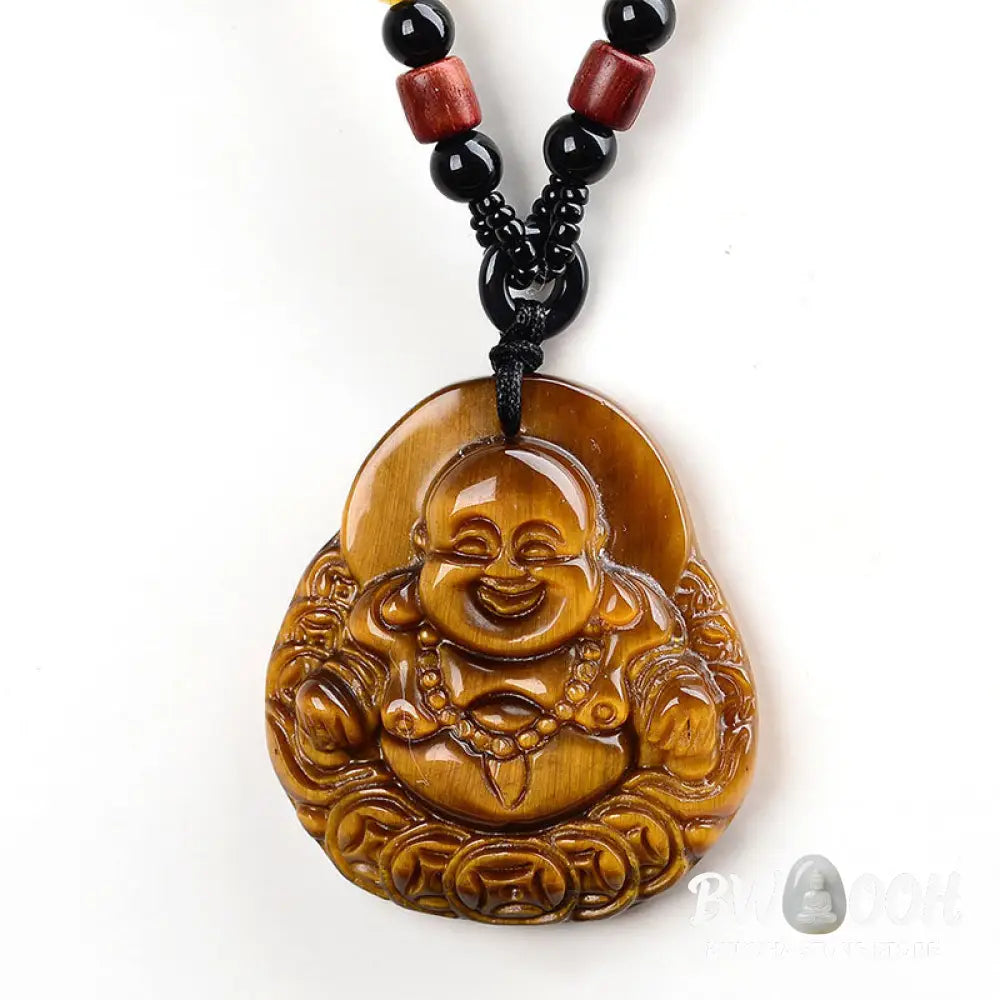 Buddha Stones Tiger’s Eye Laughing Buddha Blessing Necklace - BWOOOH - Tiger Eye - Necklaces &amp; Pendants
