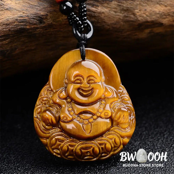 Buddha Stones Tiger’s Eye Laughing Buddha Blessing Necklace - BWOOOH - Tiger Eye - Necklaces &amp; Pendants