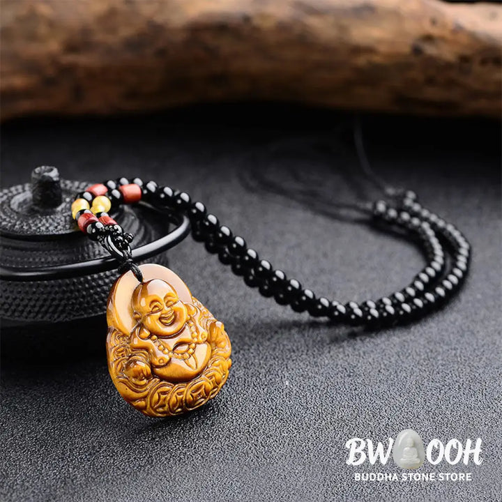 Buddha Stones Tiger’s Eye Laughing Buddha Blessing Necklace - BWOOOH - Tiger Eye - Necklaces &amp; Pendants