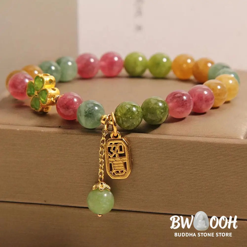 Buddha Stones Tourmaline Jade Colorful Four-leaf Clover Positive Bracelet - BWOOOH - Tourmaline Jade(Wrist