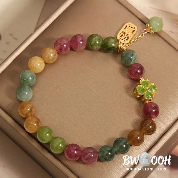 Buddha Stones Tourmaline Jade Colorful Four-leaf Clover Positive Bracelet - BWOOOH - Tourmaline Jade(Wrist