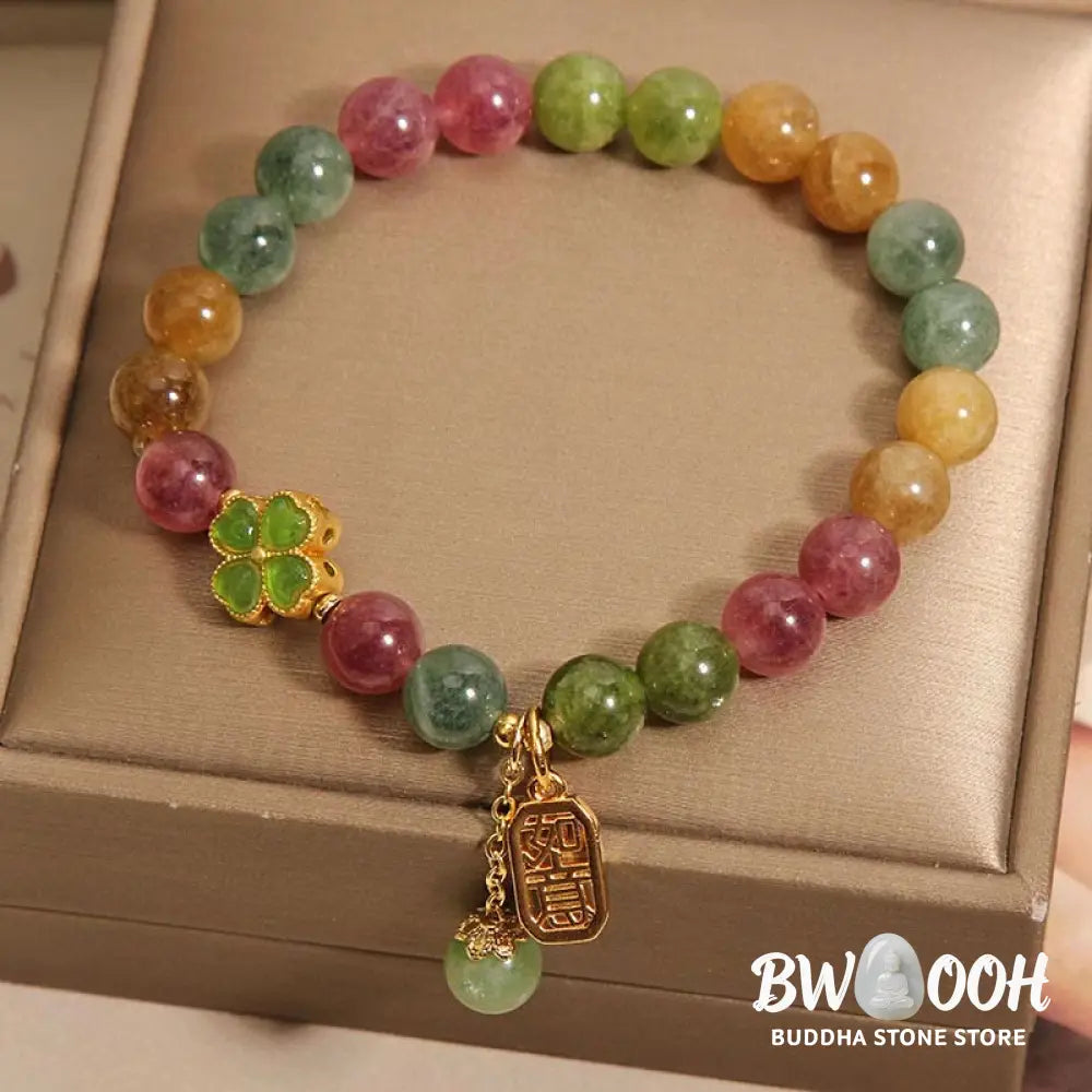 Buddha Stones Tourmaline Jade Colorful Four-leaf Clover Positive Bracelet - BWOOOH - Tourmaline Jade(Wrist