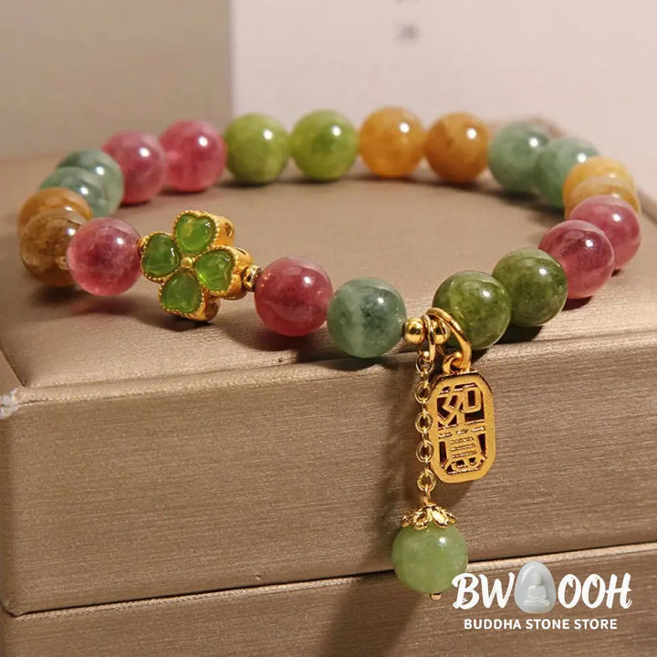 Buddha Stones Tourmaline Jade Colorful Four-leaf Clover Positive Bracelet - BWOOOH - Tourmaline Jade(Wrist