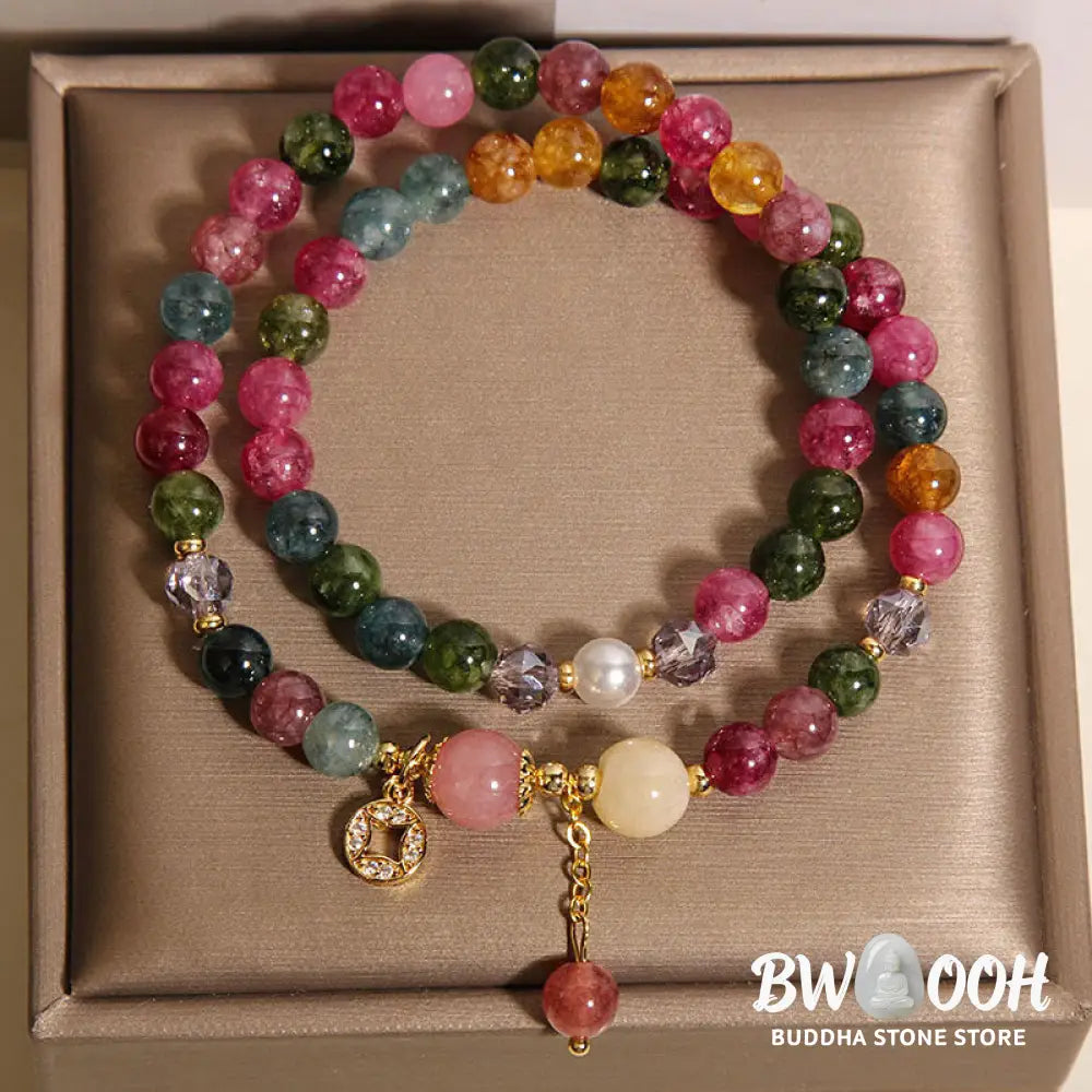 Buddha Stones Tourmaline Purple Jade Aquamarine Jade Copper Coin Positive Double Wrap Bracelet - Bracelet