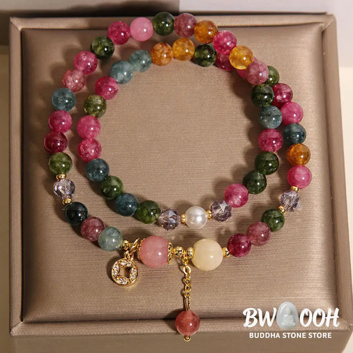 Buddha Stones Tourmaline Purple Jade Aquamarine Jade Copper Coin Positive Double Wrap Bracelet - Bracelet