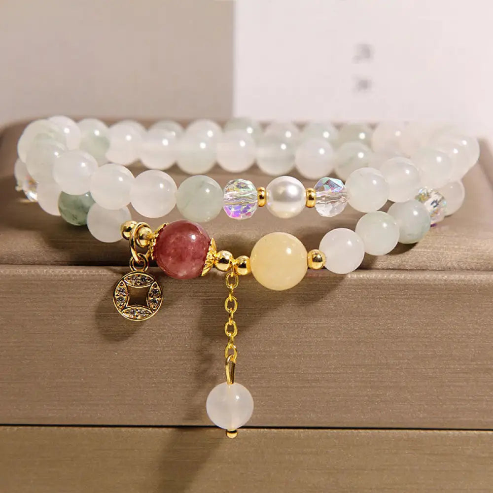 Buddha Stones Tourmaline Purple Jade Aquamarine Jade Copper Coin Positive Double Wrap Bracelet - Jade(Wrist