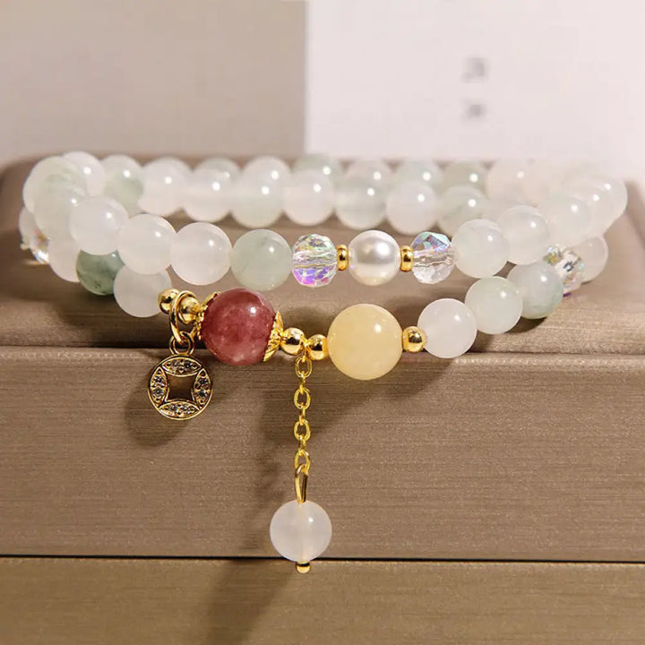 Buddha Stones Tourmaline Purple Jade Aquamarine Jade Copper Coin Positive Double Wrap Bracelet - Jade(Wrist