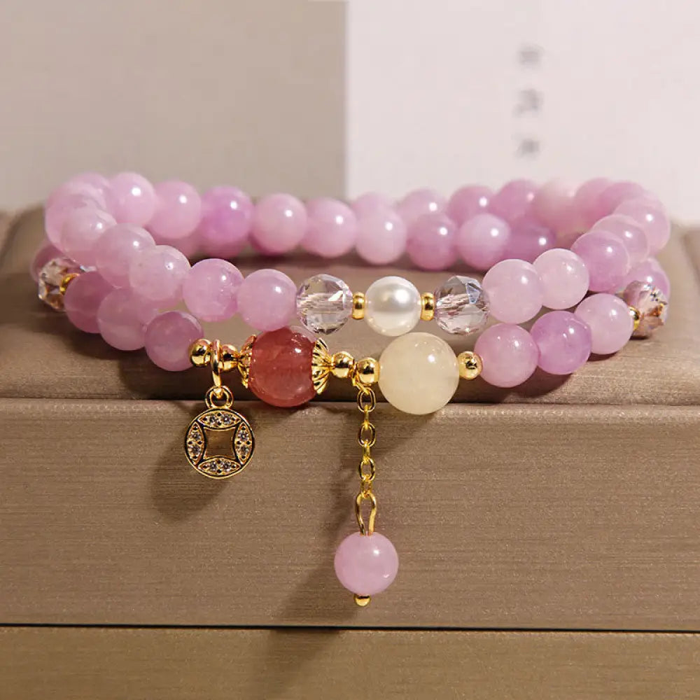 Buddha Stones Tourmaline Purple Jade Aquamarine Jade Copper Coin Positive Double Wrap Bracelet - Purple Jade(Wrist