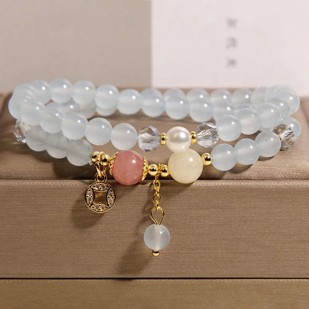 Buddha Stones Tourmaline Purple Jade Aquamarine Jade Copper Coin Positive Double Wrap Bracelet - Aquamarine(Wrist