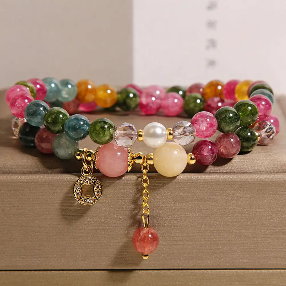 Buddha Stones Tourmaline Purple Jade Aquamarine Jade Copper Coin Positive Double Wrap Bracelet - Tourmaline(Wrist