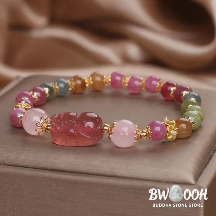 Buddha Stones Tourmaline Strawberry Quartz Pink Crystal PIXIU Love Bracelet - BWOOOH - Bracelet
