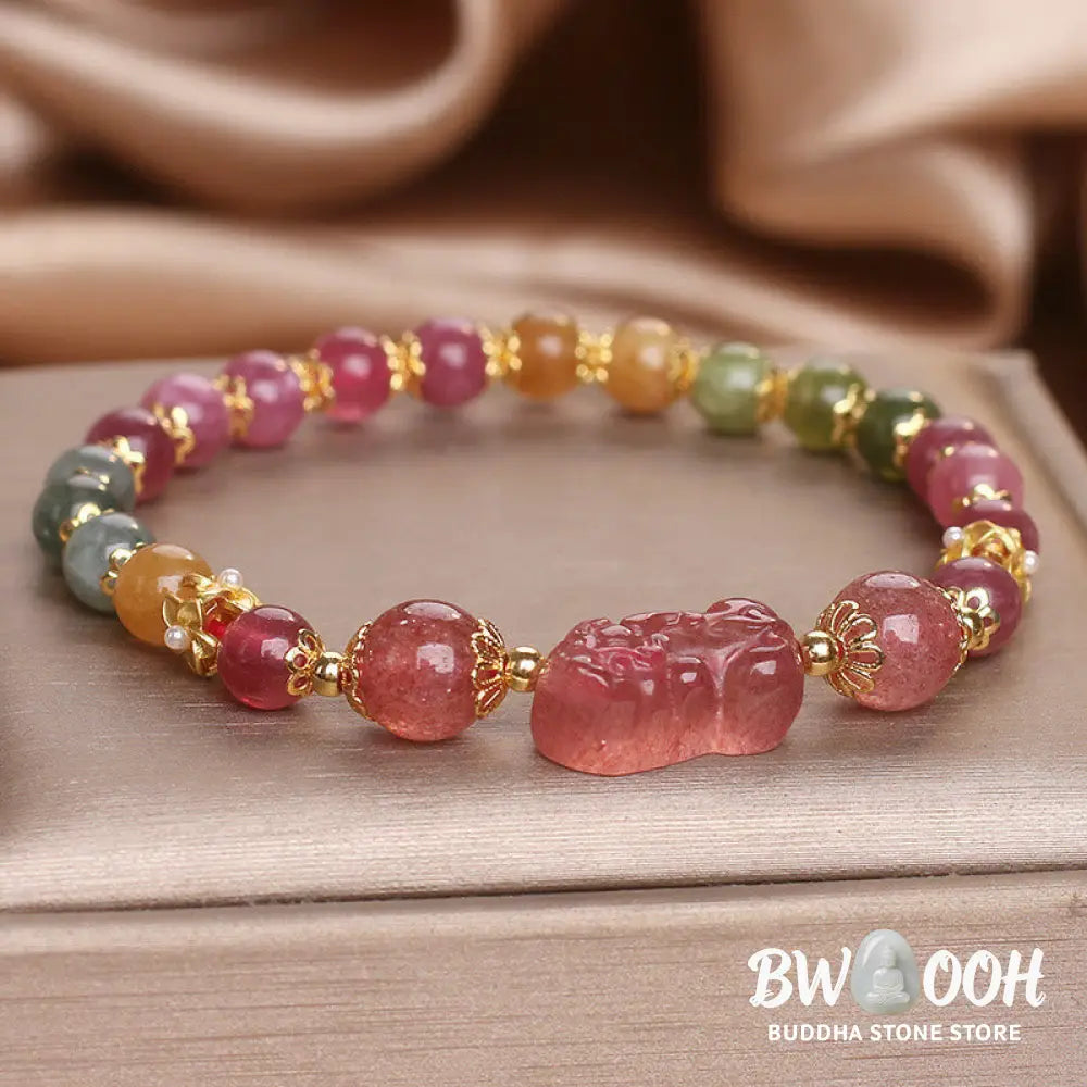 Buddha Stones Tourmaline Strawberry Quartz Pink Crystal PIXIU Love Bracelet - BWOOOH - Bracelet