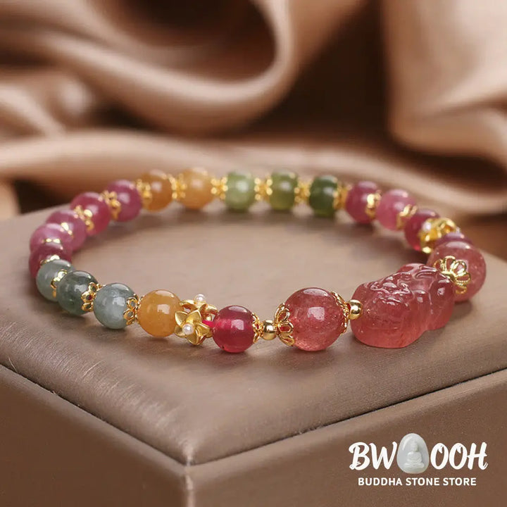 Buddha Stones Tourmaline Strawberry Quartz Pink Crystal PIXIU Love Bracelet - BWOOOH - Bracelet
