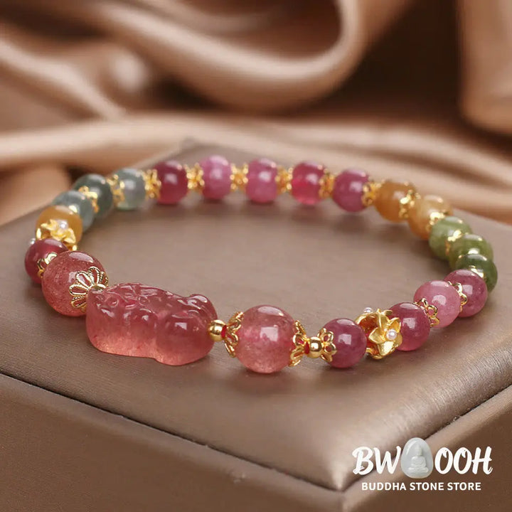 Buddha Stones Tourmaline Strawberry Quartz Pink Crystal PIXIU Love Bracelet - BWOOOH - Bracelet