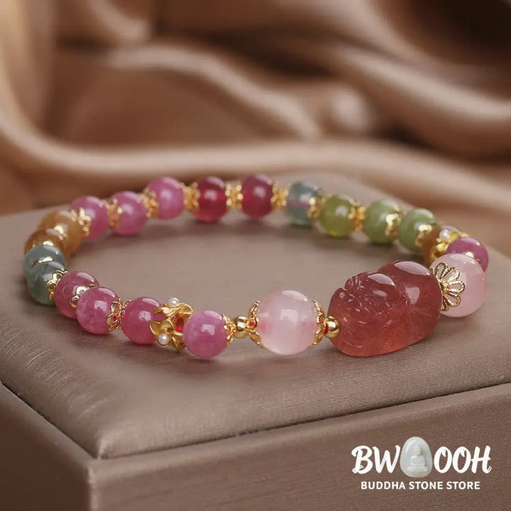Buddha Stones Tourmaline Strawberry Quartz Pink Crystal PIXIU Love Bracelet - BWOOOH - Bracelet