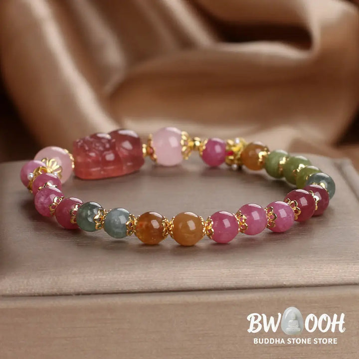 Buddha Stones Tourmaline Strawberry Quartz Pink Crystal PIXIU Love Bracelet - BWOOOH - Bracelet