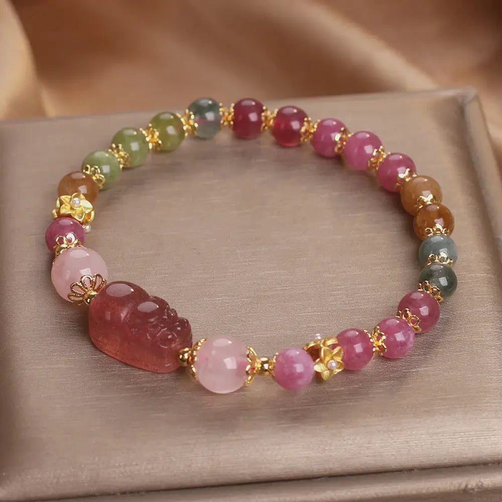 Buddha Stones Tourmaline Strawberry Quartz Pink Crystal PIXIU Love Bracelet - BWOOOH - Tourmaline Pink Crystal(Wrist