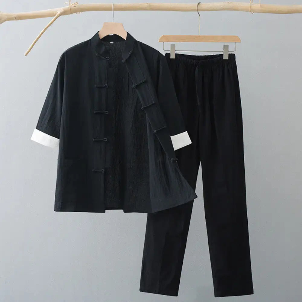 Buddha Stones Traditional Frog-Button Tang Suit Cotton Half Sleeve Top Pants Clothing Men’s Set - Black Top&amp;Black Pants