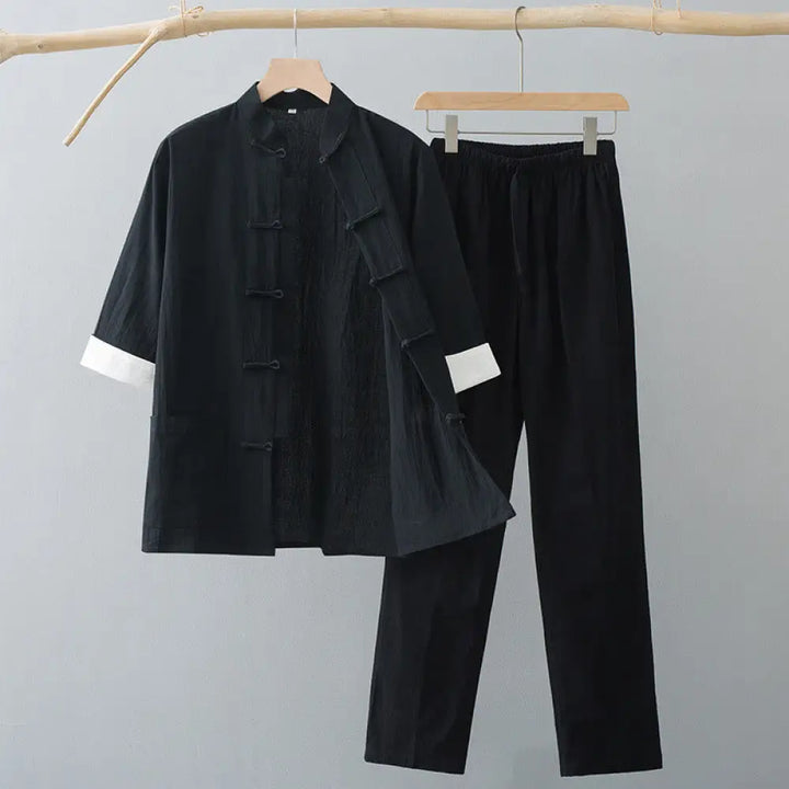 Buddha Stones Traditional Frog-Button Tang Suit Cotton Half Sleeve Top Pants Clothing Men’s Set - Black Top&amp;Black Pants