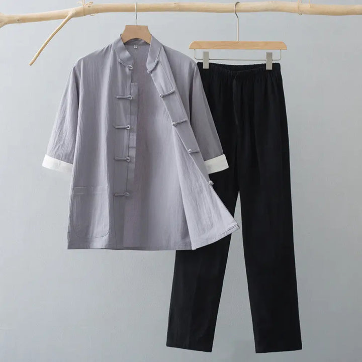 Buddha Stones Traditional Frog-Button Tang Suit Cotton Half Sleeve Top Pants Clothing Men’s Set - Gray Top&amp;Black Pants