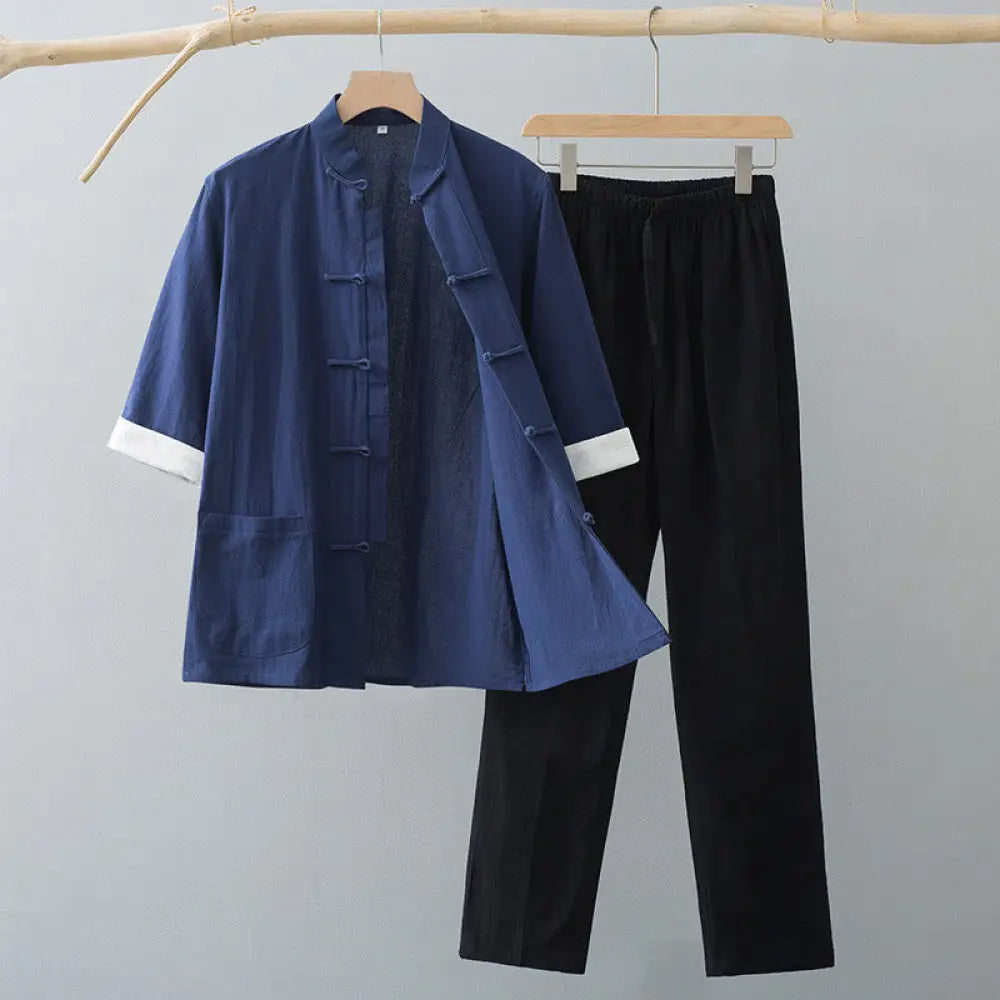 Buddha Stones Traditional Frog-Button Tang Suit Cotton Half Sleeve Top Pants Clothing Men’s Set - Navy Blue Top&amp;Black
