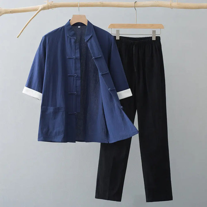Buddha Stones Traditional Frog-Button Tang Suit Cotton Half Sleeve Top Pants Clothing Men’s Set - Navy Blue Top&amp;Black