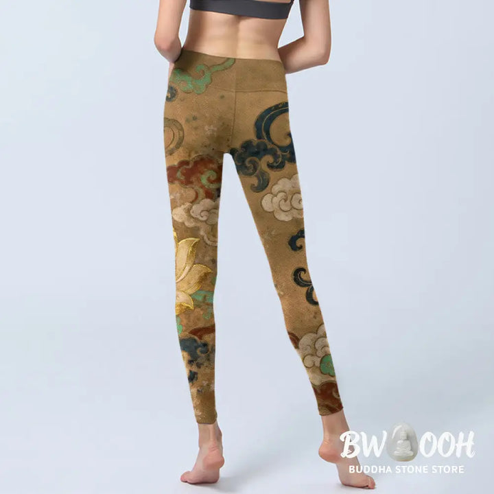 Buddha Stones Traditional Lotus Flower Cloud Pattern Print Gym Leggings Women&