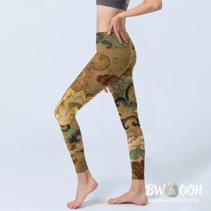 Buddha Stones Traditional Lotus Flower Cloud Pattern Print Gym Leggings Women&