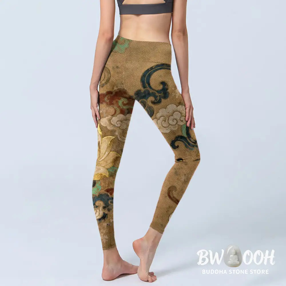 Buddha Stones Traditional Lotus Flower Cloud Pattern Print Gym Leggings Women&