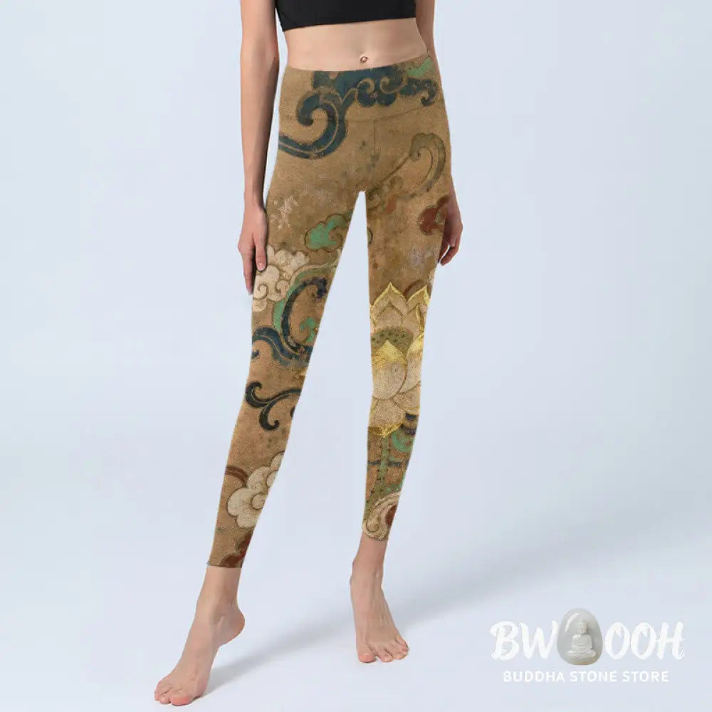 Buddha Stones Traditional Lotus Flower Cloud Pattern Print Gym Leggings Women&