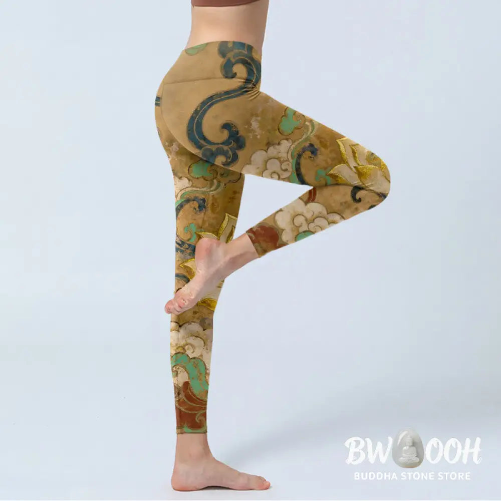 Buddha Stones Traditional Lotus Flower Cloud Pattern Print Gym Leggings Women&