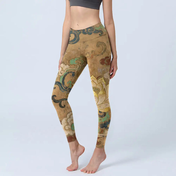 BWOOOH lotus print yoga leggings - Traditional Lotus Flower Cloud Pattern P