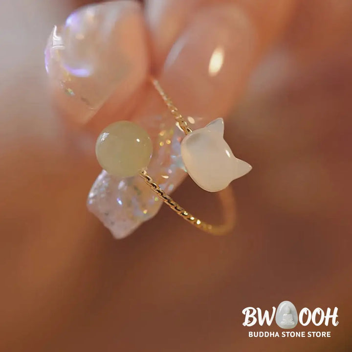 Buddha Stones Tridacna Stone Cat Head Jade Bead Blessing Ring - BWOOOH - Tridacna Stone - Ring