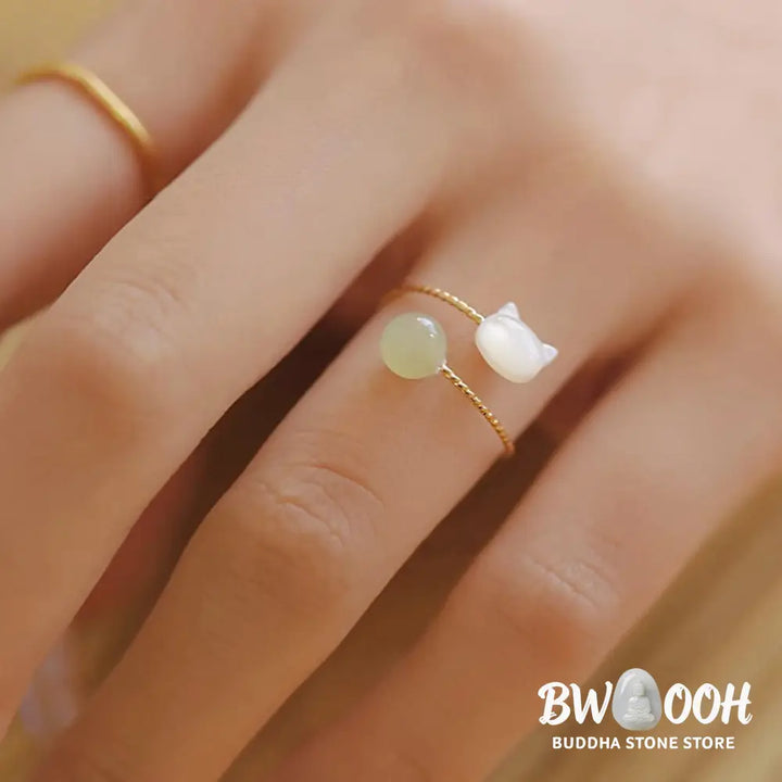 Buddha Stones Tridacna Stone Cat Head Jade Bead Blessing Ring - BWOOOH - Tridacna Stone - Ring