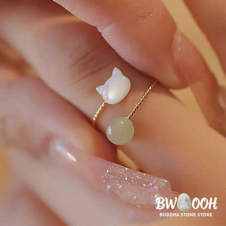 Buddha Stones Tridacna Stone Cat Head Jade Bead Blessing Ring - BWOOOH - Tridacna Stone - Ring