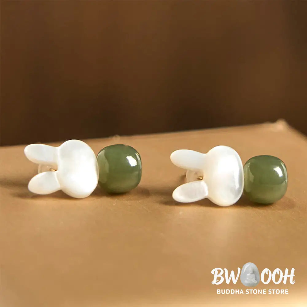 Buddha Stones Tridacna Stone Cute Rabbit Hetian Jade Luck Earrings - Hetian Jade Tridacna Stone(Copper Posts) - Earrings
