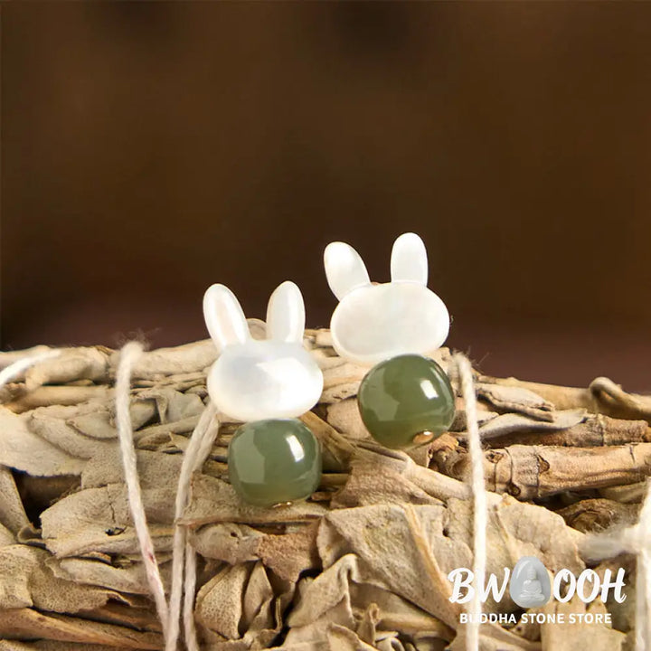 Buddha Stones Tridacna Stone Cute Rabbit Hetian Jade Luck Earrings - Hetian Jade Tridacna Stone(Copper Posts) - Earrings