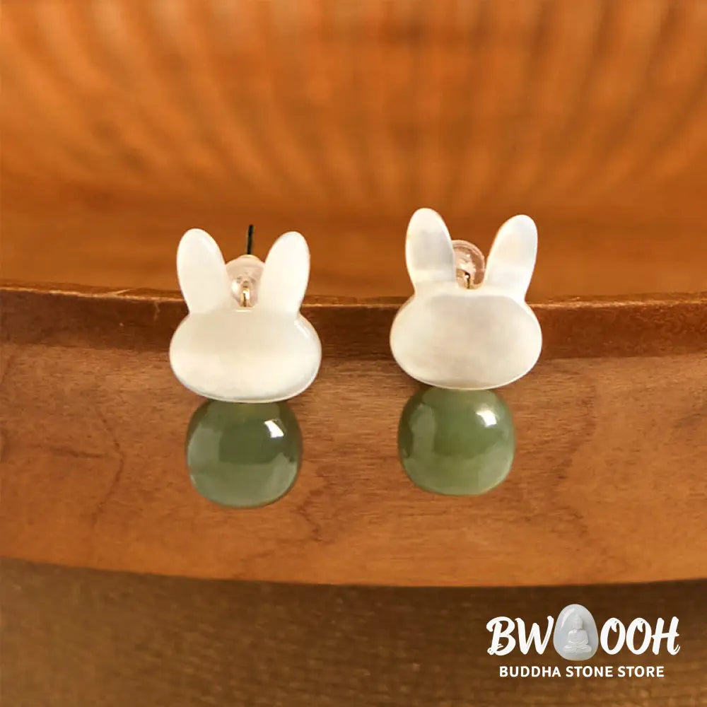 Buddha Stones Tridacna Stone Cute Rabbit Hetian Jade Luck Earrings - Hetian Jade Tridacna Stone(Copper Posts) - Earrings