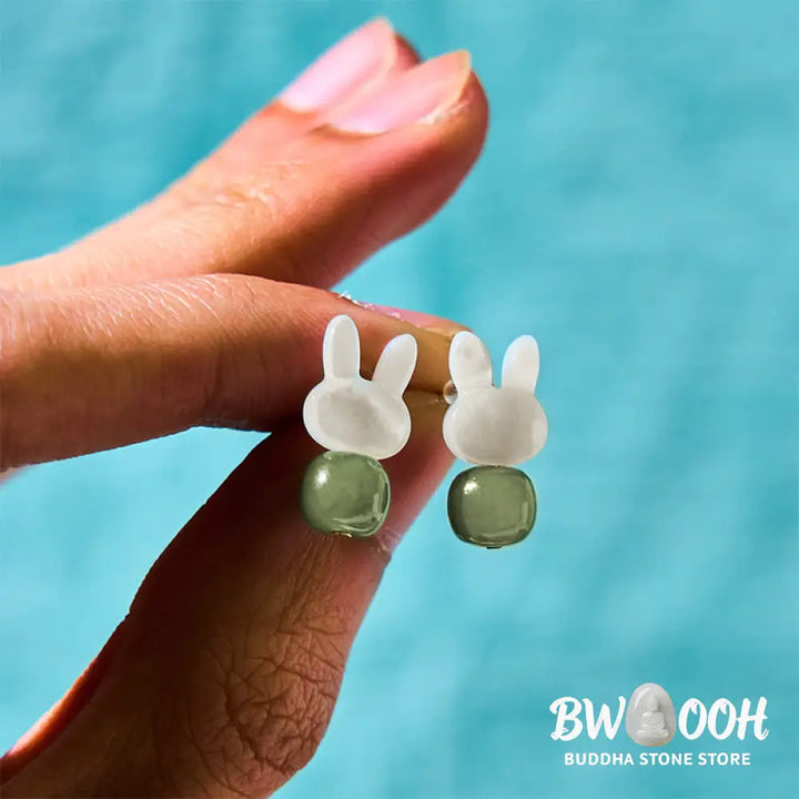 Buddha Stones Tridacna Stone Cute Rabbit Hetian Jade Luck Earrings - Hetian Jade Tridacna Stone(Copper Posts) - Earrings