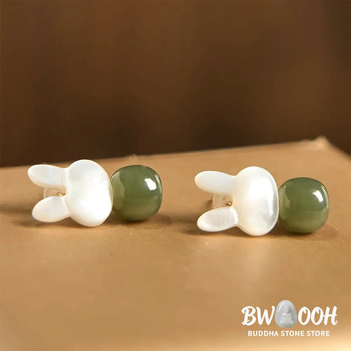 Buddha Stones Tridacna Stone Cute Rabbit Hetian Jade Luck Earrings - Hetian Jade Tridacna Stone(Copper Posts) - Earrings