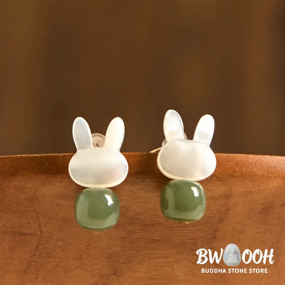 Buddha Stones Tridacna Stone Cute Rabbit Hetian Jade Luck Earrings - Hetian Jade Tridacna Stone(Copper Posts) - Earrings