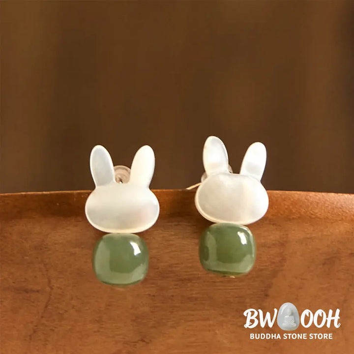 Buddha Stones Tridacna Stone Cute Rabbit Hetian Jade Luck Earrings - Hetian Jade Tridacna Stone(Copper Posts) - Earrings