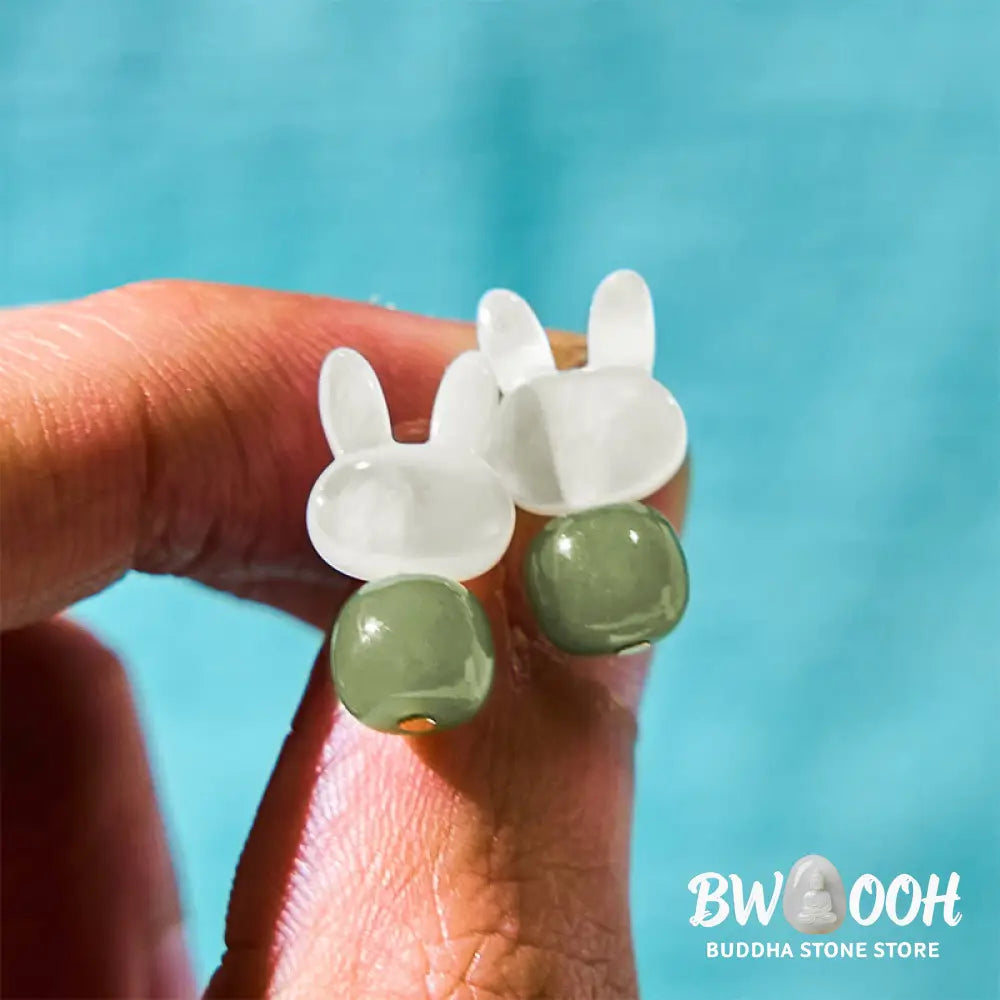 Buddha Stones Tridacna Stone Cute Rabbit Hetian Jade Luck Earrings - Hetian Jade Tridacna Stone(Copper Posts) - Earrings