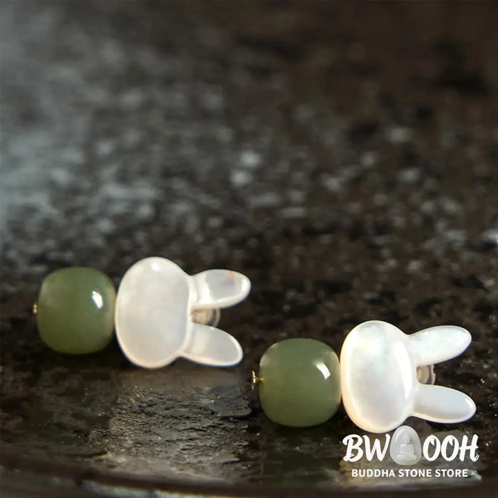 Buddha Stones Tridacna Stone Cute Rabbit Hetian Jade Luck Earrings - Hetian Jade Tridacna Stone(Copper Posts) - Earrings