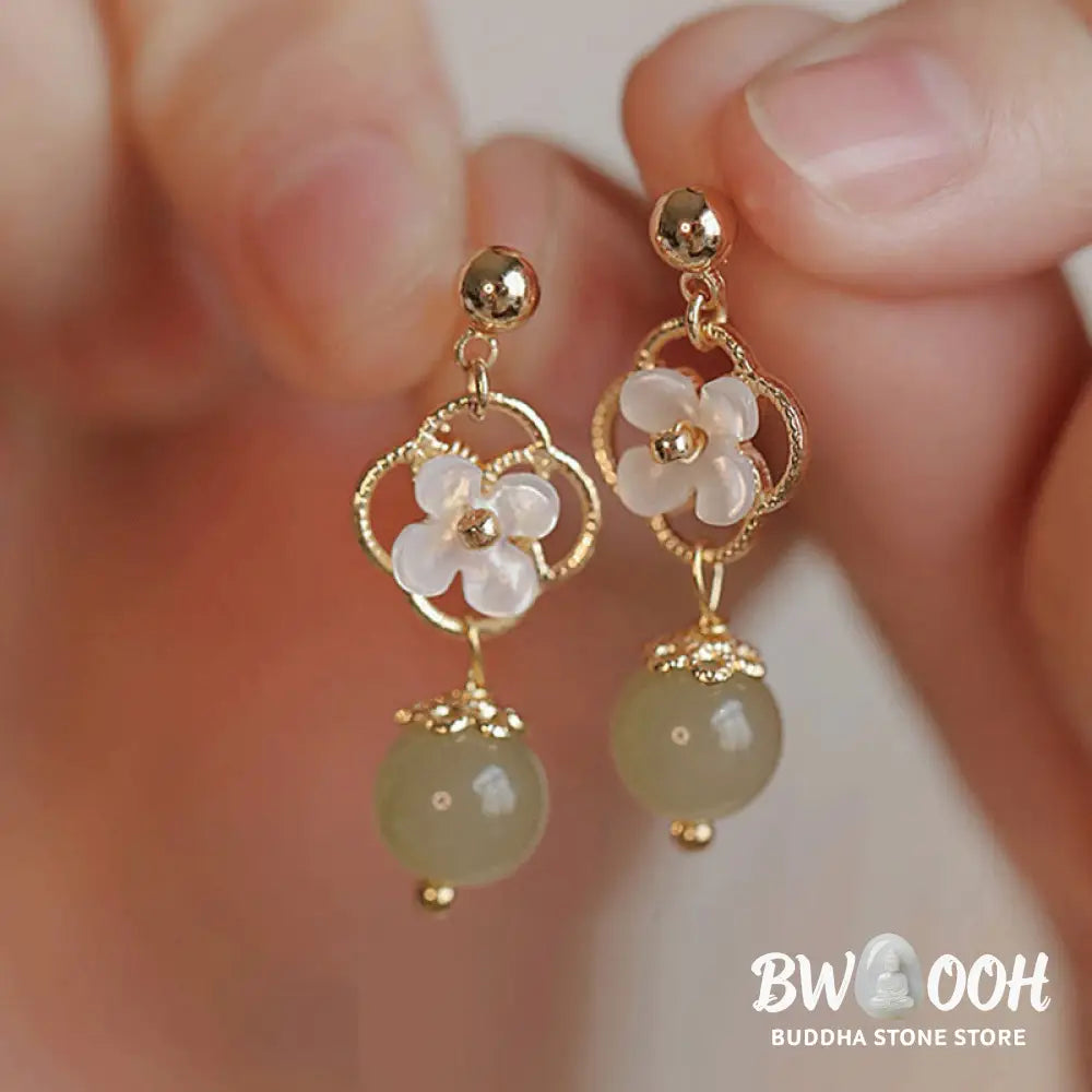 Buddha Stones Tridacna Stone Flower Jade Bead Blessing Drop Earrings - Jade(Prosperity♥Abundance) - Earrings