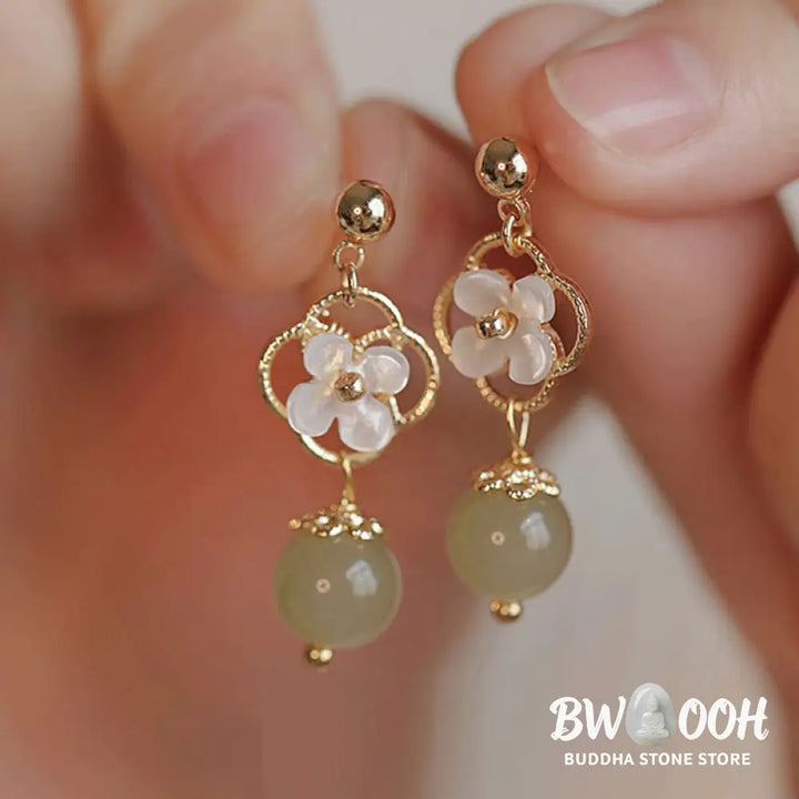 Buddha Stones Tridacna Stone Flower Jade Bead Blessing Drop Earrings - Jade(Prosperity♥Abundance) - Earrings