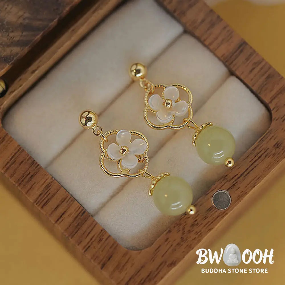 Buddha Stones Tridacna Stone Flower Jade Bead Blessing Drop Earrings - Jade(Prosperity♥Abundance) - Earrings