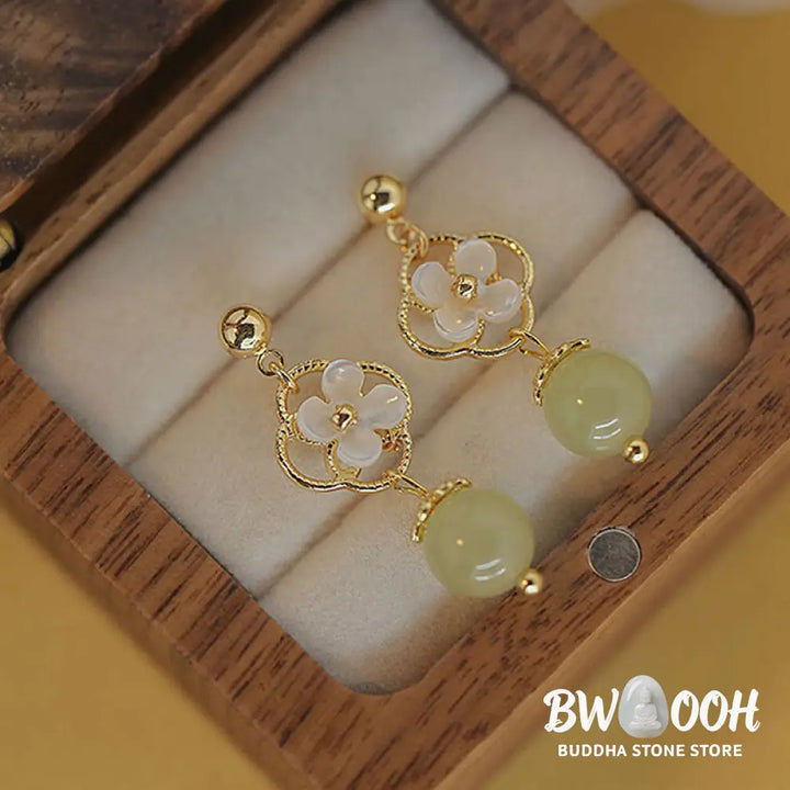 Buddha Stones Tridacna Stone Flower Jade Bead Blessing Drop Earrings - Jade(Prosperity♥Abundance) - Earrings