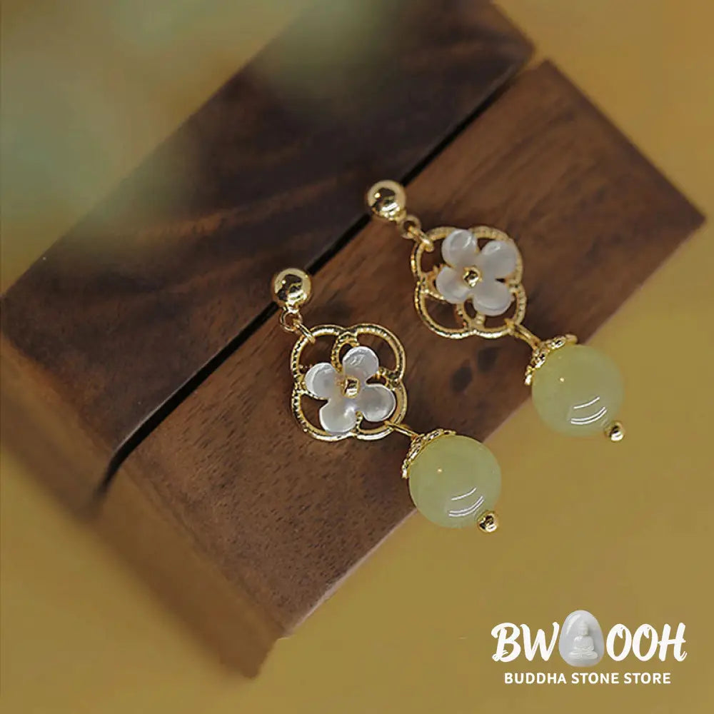 Buddha Stones Tridacna Stone Flower Jade Bead Blessing Drop Earrings - Jade(Prosperity♥Abundance) - Earrings